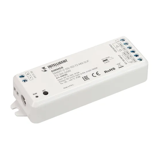 Фото товара INTELLIGENT ARLIGHT Диммер SMART-0-10V-102-72-MIX-SUF (12-36V, 2x5A) (IARL, IP20 Пластик, 5 лет)