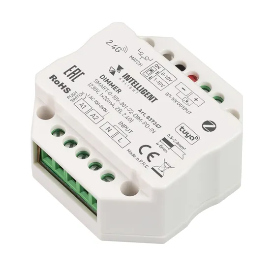 Фото товара INTELLIGENT ARLIGHT Диммер SMART-0-10V-301-72-DIM-PD-IN (230V, 1x20mA, ZB, 2.4G) (IARL, IP20 Пластик, 5 лет)