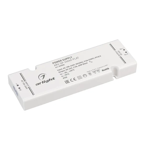 Фото товара Блок питания ARV-SP-24060-FLAT (24V, 2.5A, 60W) (Arlight, IP20 Пластик, 5 лет)