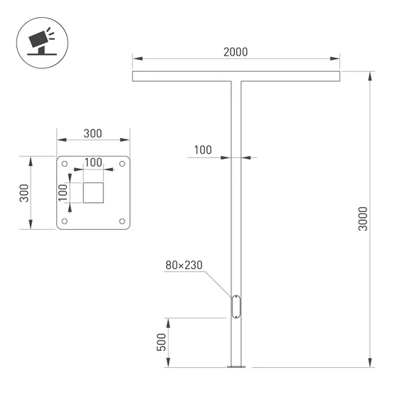 Фото #2 товара Опора OXOR-STER-T-2000x100x100-L3000-70W Warm3000 (BK, 230V) IP65 (Arlight, Сталь)