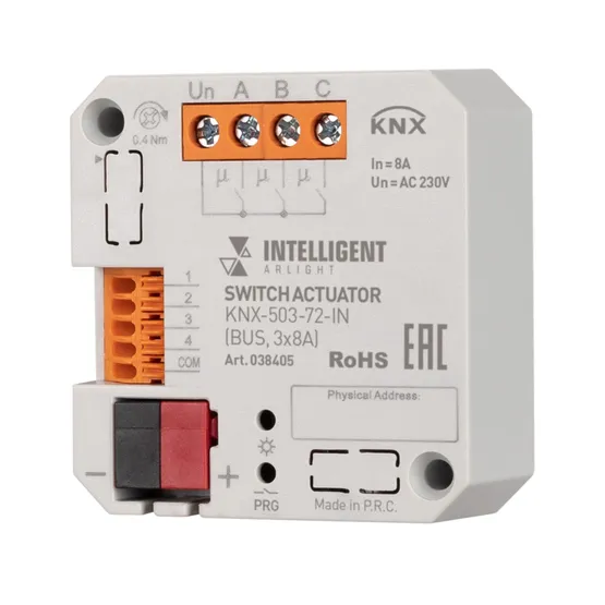 Фото товара INTELLIGENT ARLIGHT Релейный модуль KNX-503-72-IN (BUS, 3x8A) (IARL, IP20 Пластик, 3 года)